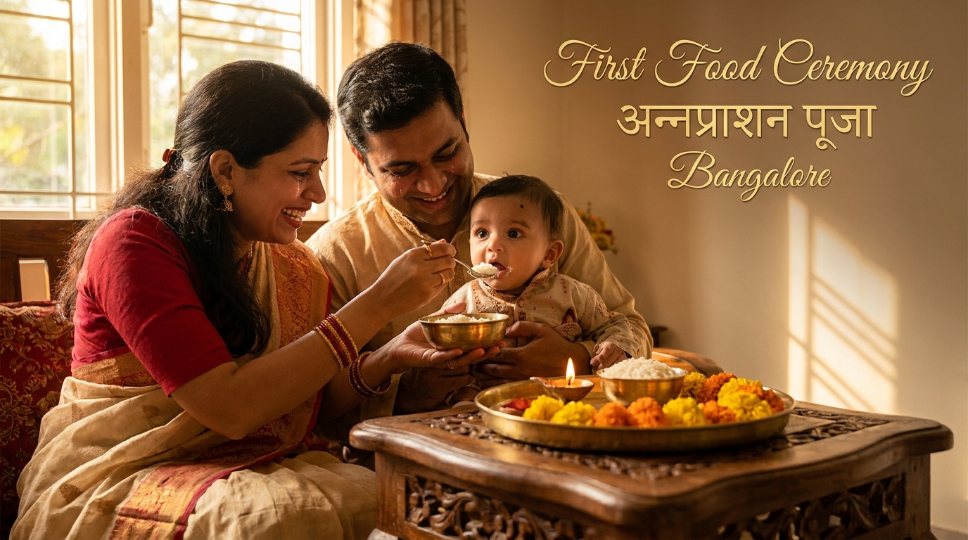 Parents feeding baby during Annaprashan Puja in Bangalore