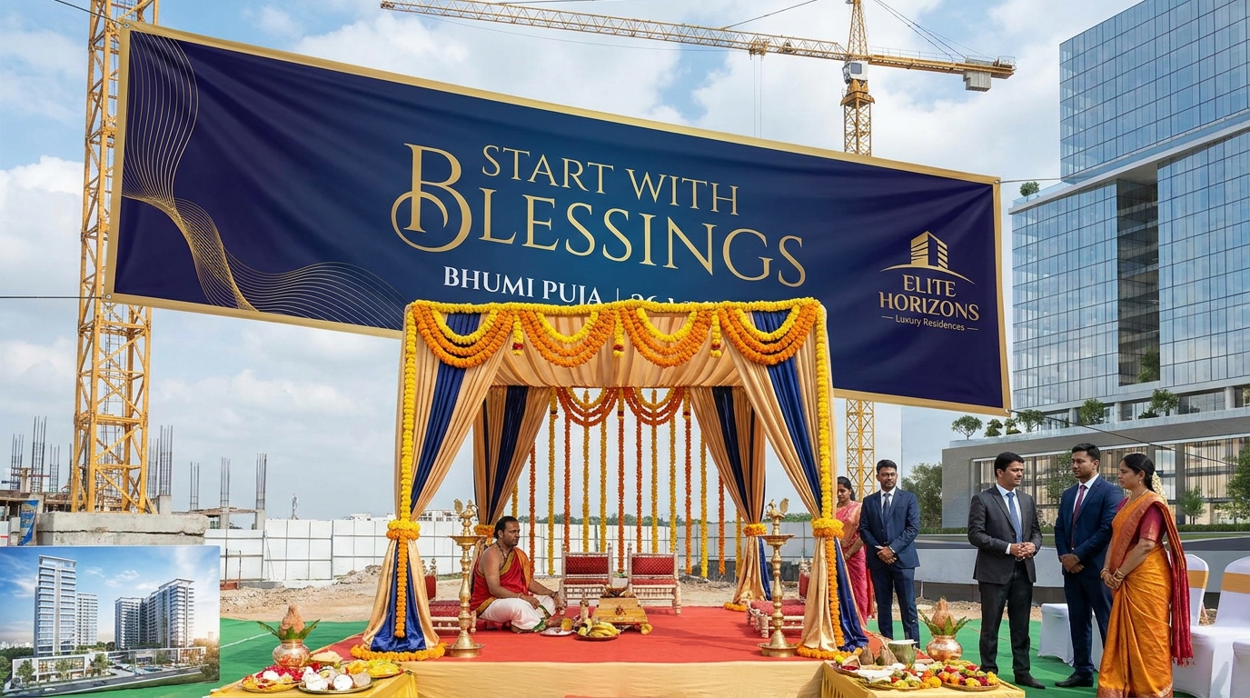 Bhumi Puja banner for construction site blessings in Bangalore